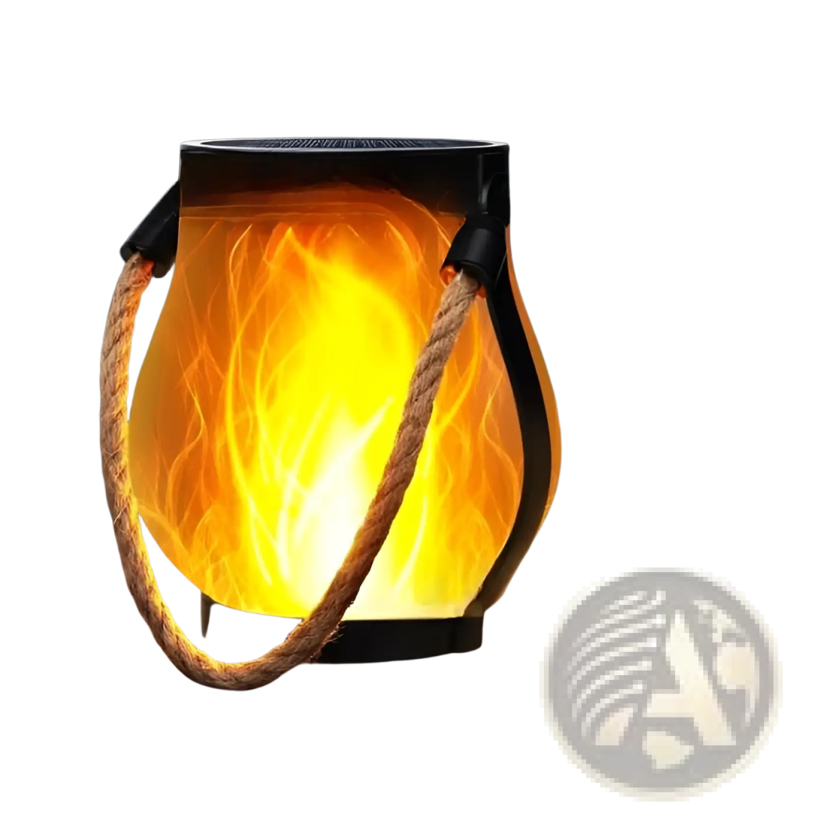 Black lantern with flickering flame effect light and rope handle for outdoor solar garden illumination