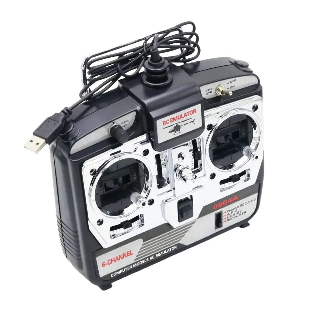 Black and silver 6-channel flight simulator remote control transmitter with chrome accents labeled phoenixrc for channel settings