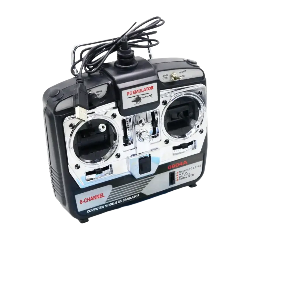 Black and silver 6-channel remote control with coiled black cable for flight simulator channel settings and control