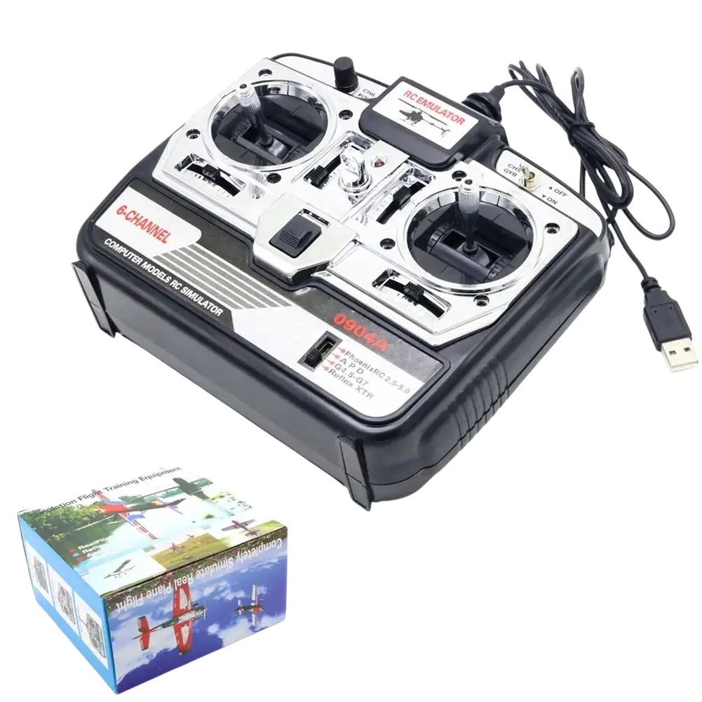 Black and silver flyhike 6-channel remote control flight simulator transmitter with two joysticks and channel settings label 0904a