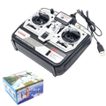Black and silver flyhike 6-channel remote control flight simulator transmitter with two joysticks and channel settings label 0904a