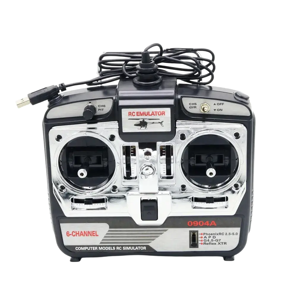Black and silver 6-channel remote control flight simulator transmitter with coiled usb cable and adjustable channel settings