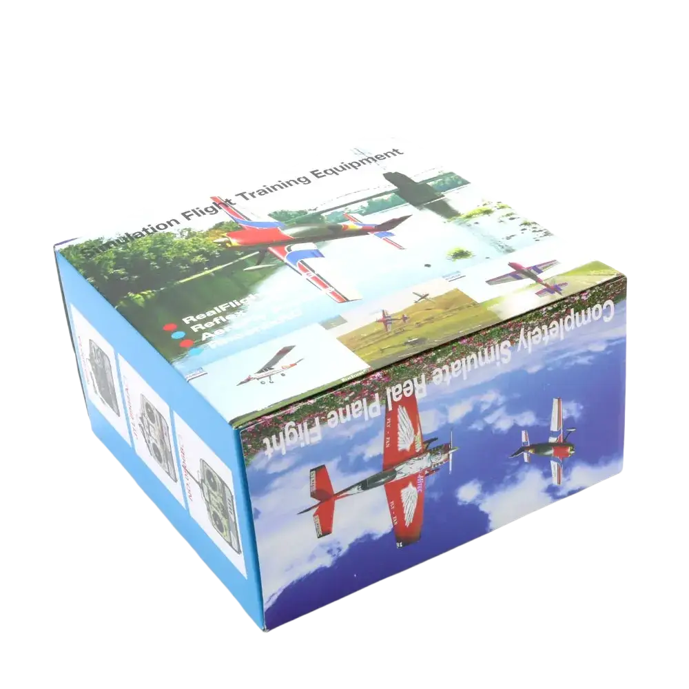 Blue cardboard box of flight simulator 6-channel remote control transmitter with colorful model airplane images and channel settings text