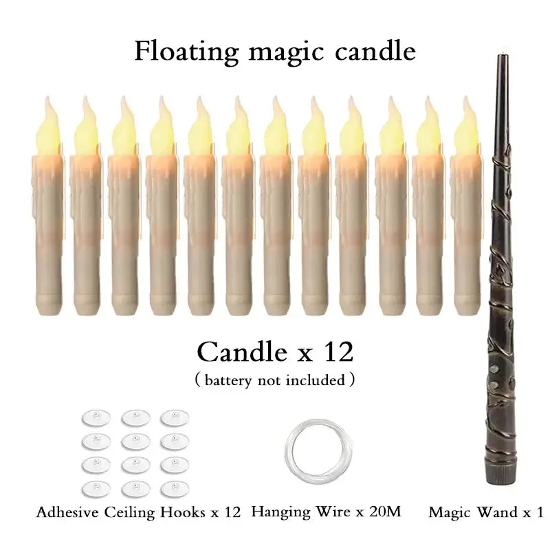 Twelve beige floating candles with flickering yellow flames designed to mimic real wax candles with magic wand remote