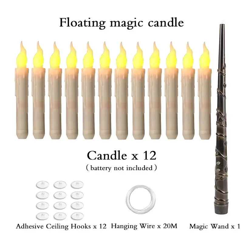 Twelve beige floating candles with glowing yellow led flames designed to mimic real wax candles with magic wand remote