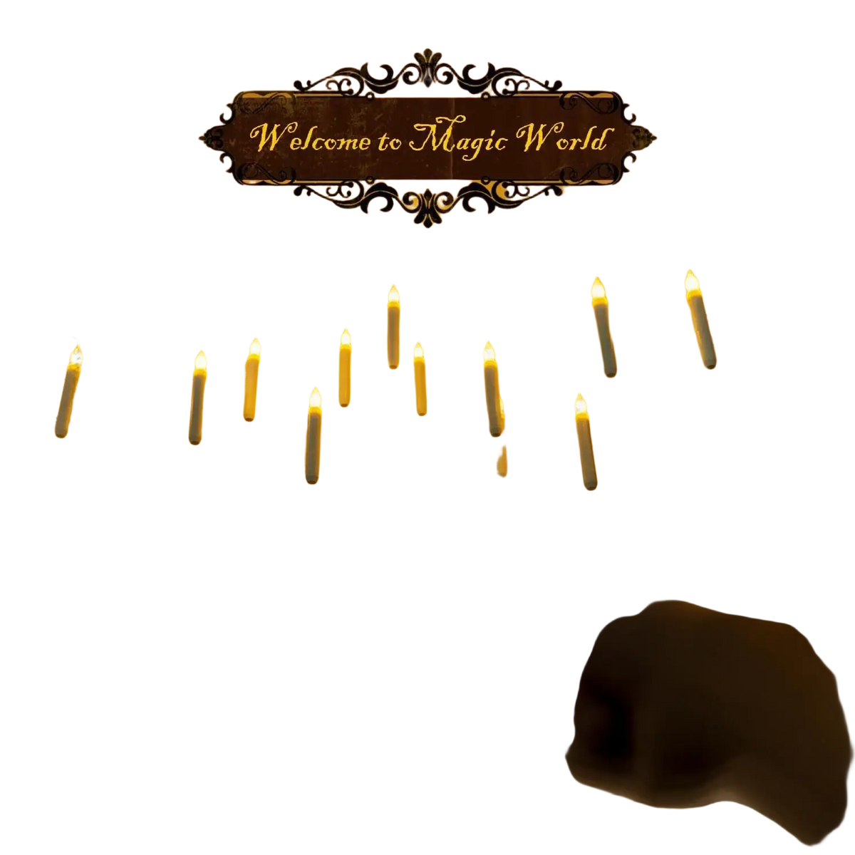 A hand holding a wooden magic wand with black tip points toward floating candles in an enchanted room setting