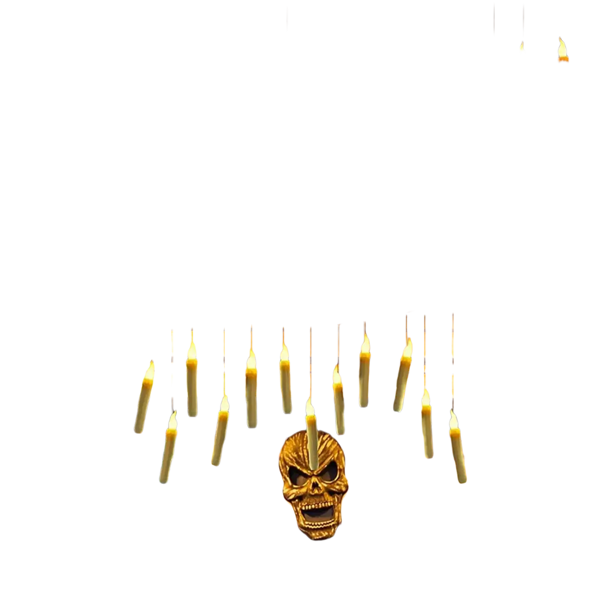Hanging floating candles with warm glow and realistic wax texture in halloween-themed indoor decor with magic wand remote