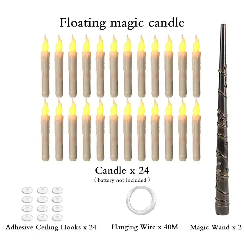 Set of 24 beige floating candles with glowing yellow flames, magic wand remote, and hanging wire for display