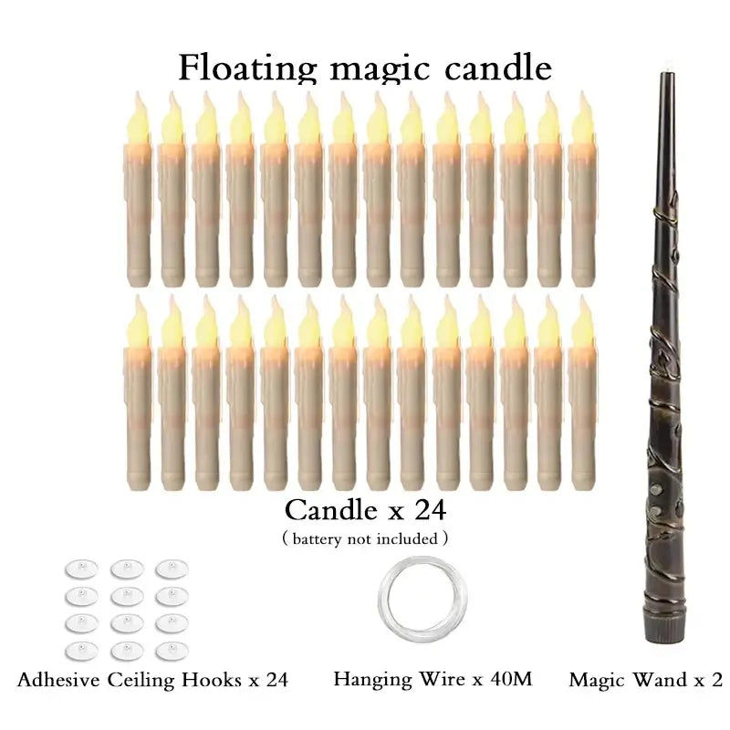 Set of 24 beige floating candles with glowing yellow flames dark brown magic wand and hanging wire for remote use