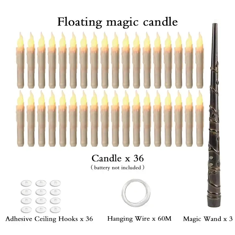 Set of 36 beige floating candles with glowing flames, dark brown magic wand, and hanging wire for display