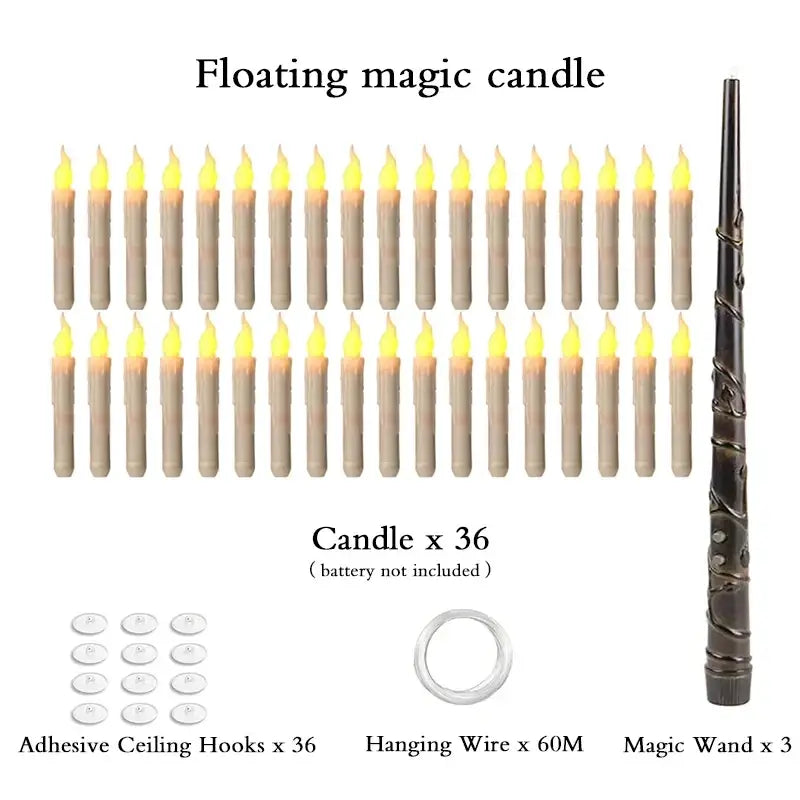 Set of 36 glowing yellow-tipped floating candles with a dark intricately wrapped magic wand and hanging accessories