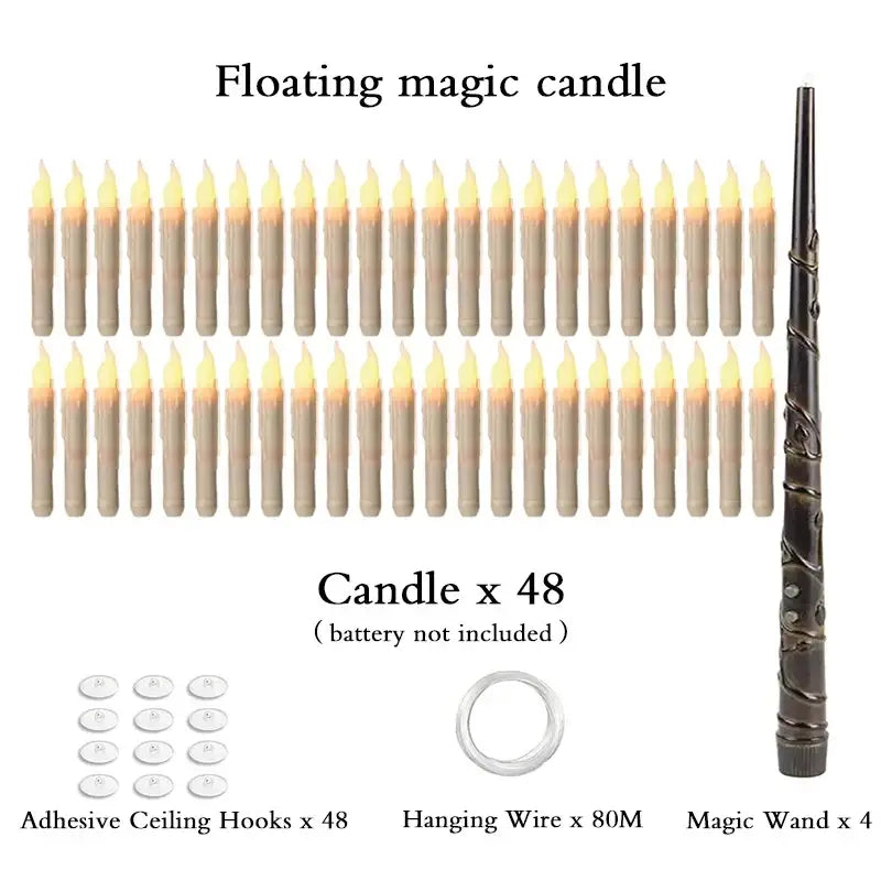 Set of 48 beige floating candles with glowing flames, adhesive hooks, and hanging wire for ceiling installation