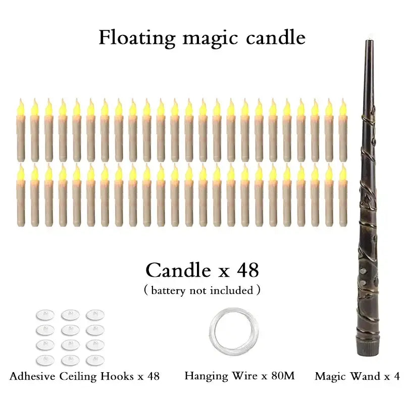 Set of 48 beige floating candles with yellow led flames, adhesive hooks, and hanging wire for magical decor