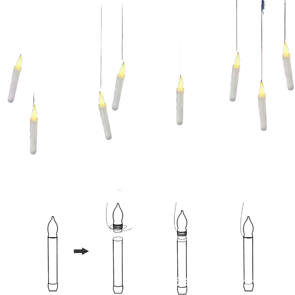 White led floating candles with glowing yellow tips designed to hang and float with magic wand remote control