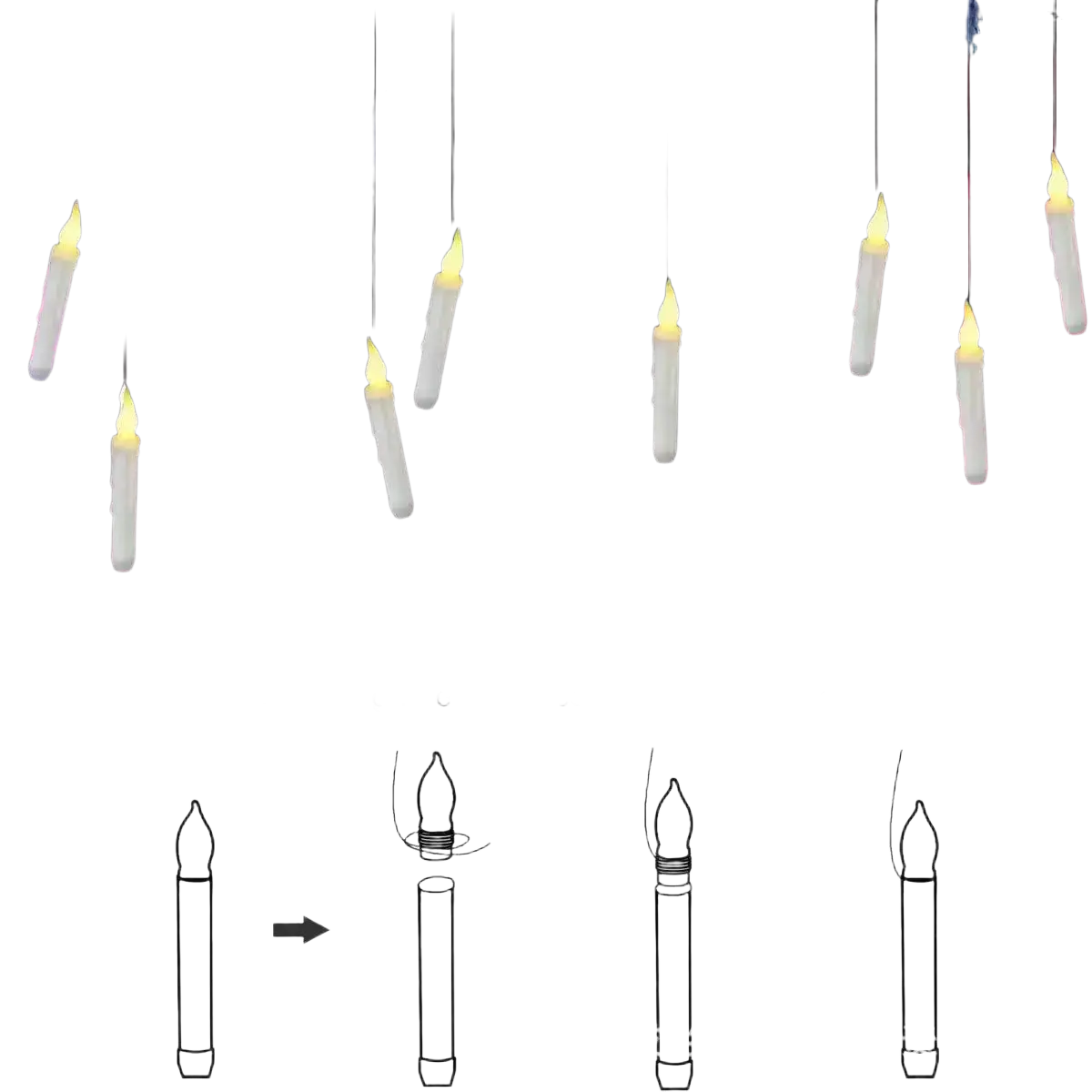 White led floating candles with glowing yellow tips designed to hang and float with magic wand remote control