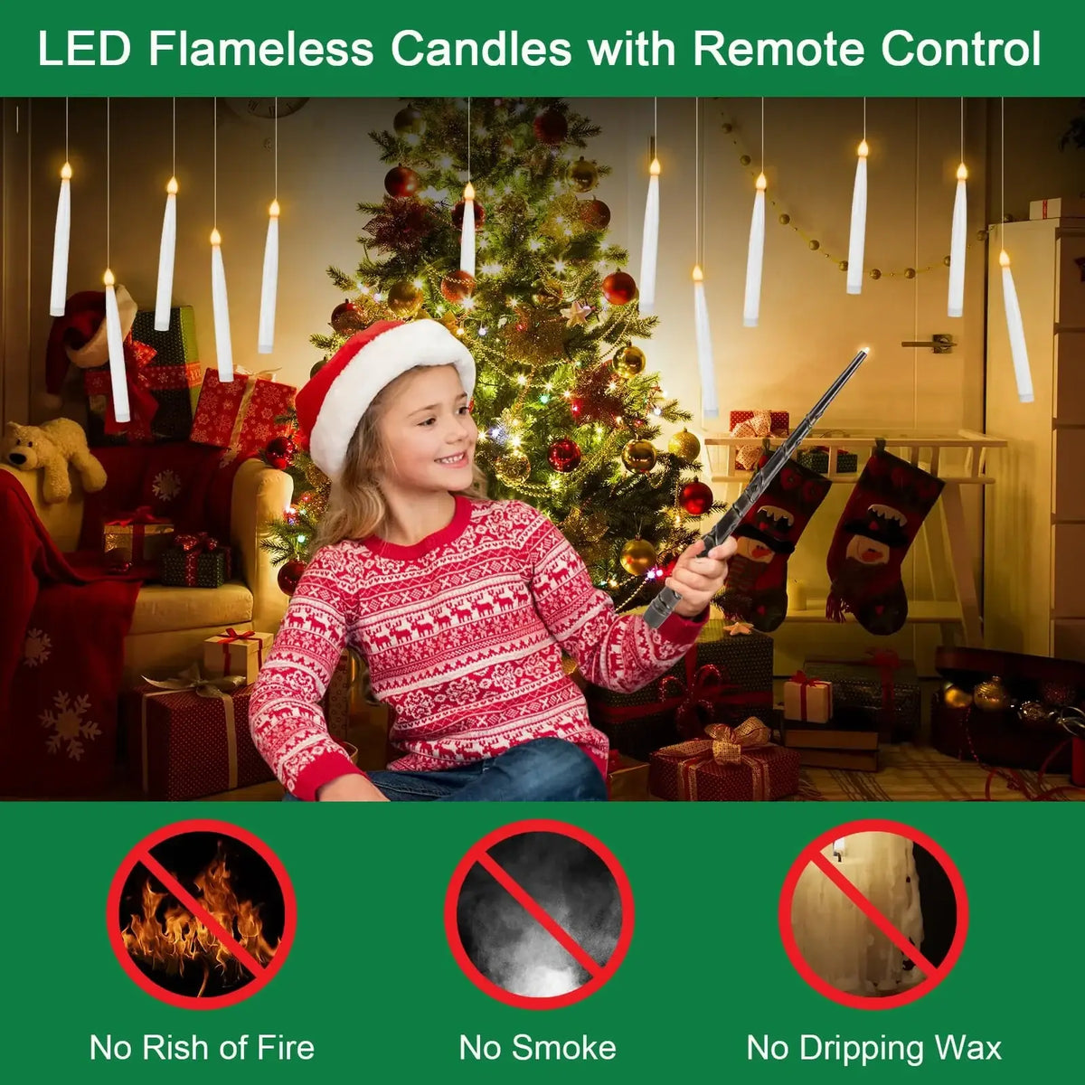 White led flameless floating candles with magic wand remote hanging in festive christmas setting