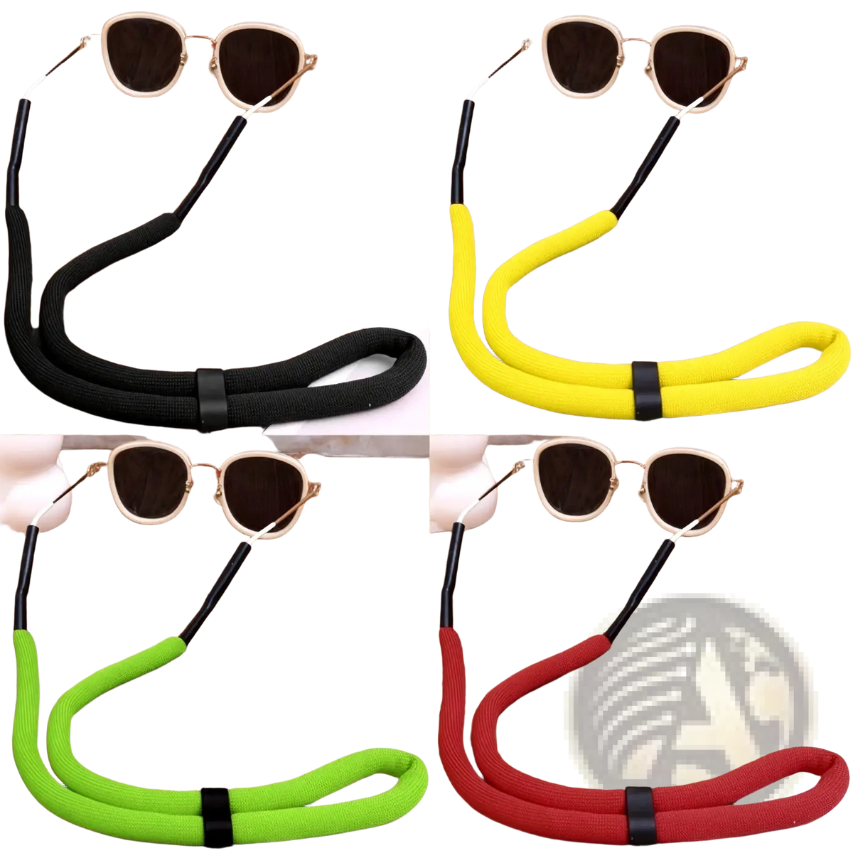 Floating eyeglass strap water sports lanyard in black yellow green and red neoprene with black plastic clasps