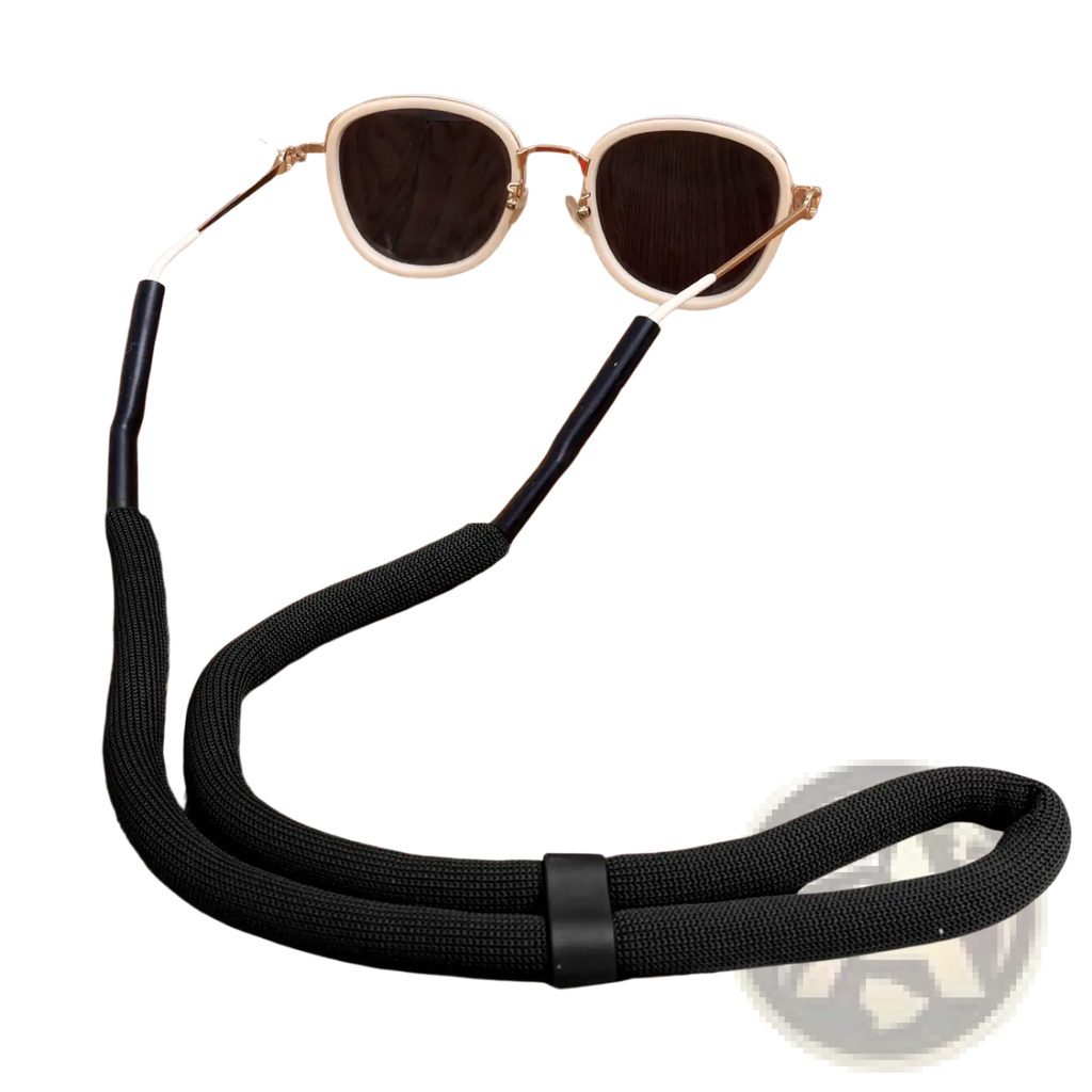 Black woven fabric floating eyeglass strap with adjustable black plastic buckle for water sports use