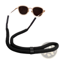 Black woven fabric floating eyeglass strap with adjustable black plastic buckle for water sports use