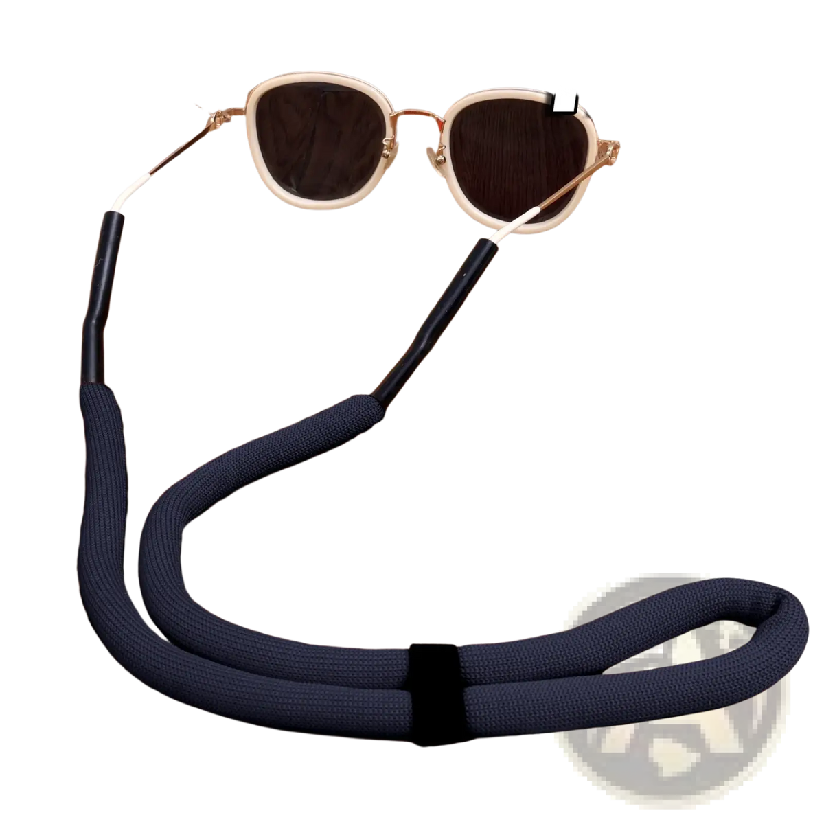 Black woven fabric floating eyeglass strap with a black elastic band for water sports lanyard use