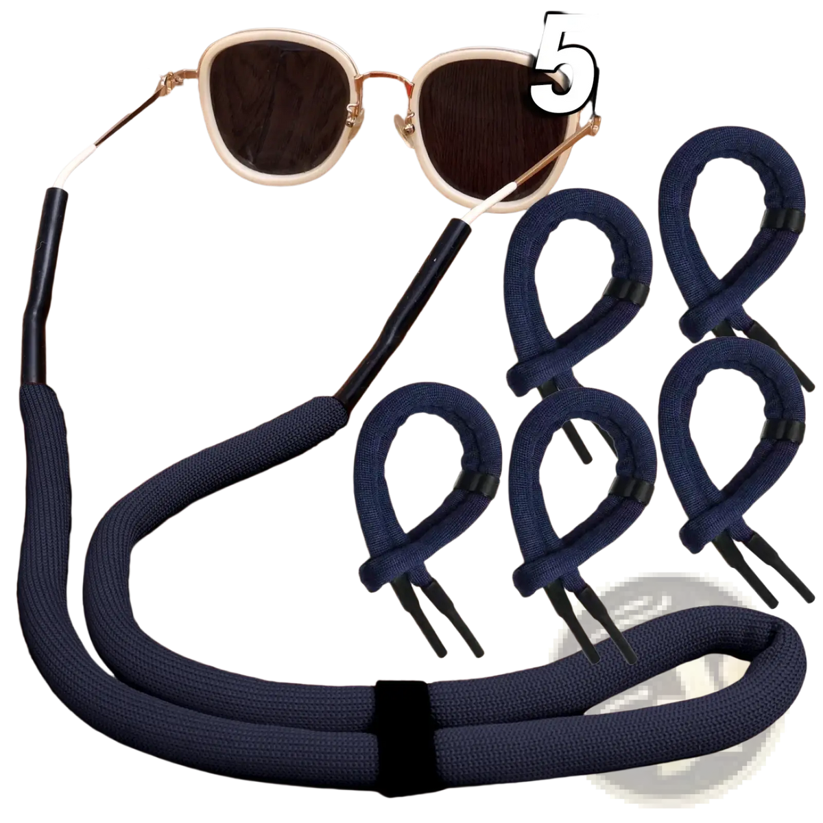 Navy blue woven fabric floating eyeglass strap with black plastic ends and adjustable buckle for water sports use
