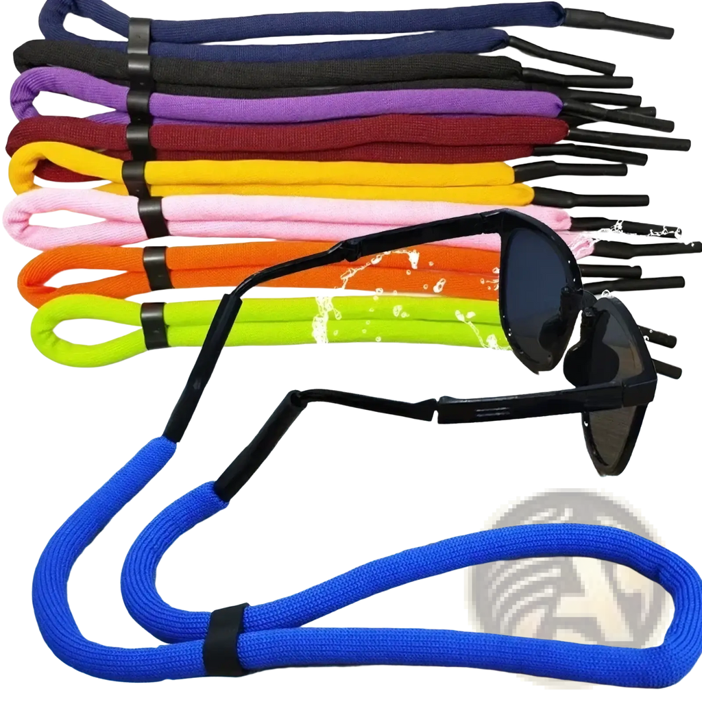 Floating eyeglass strap with blue textured fabric and black plastic ends designed for water sports use