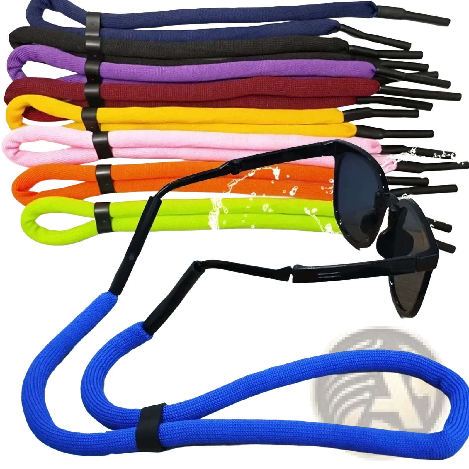 Floating eyeglass strap with blue textured fabric and black plastic ends designed for water sports use