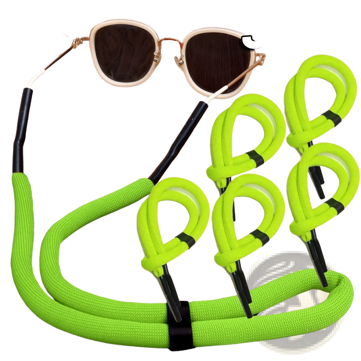 Bright neon green fabric floating eyeglass strap with black plastic clips and elastic band for water sports use