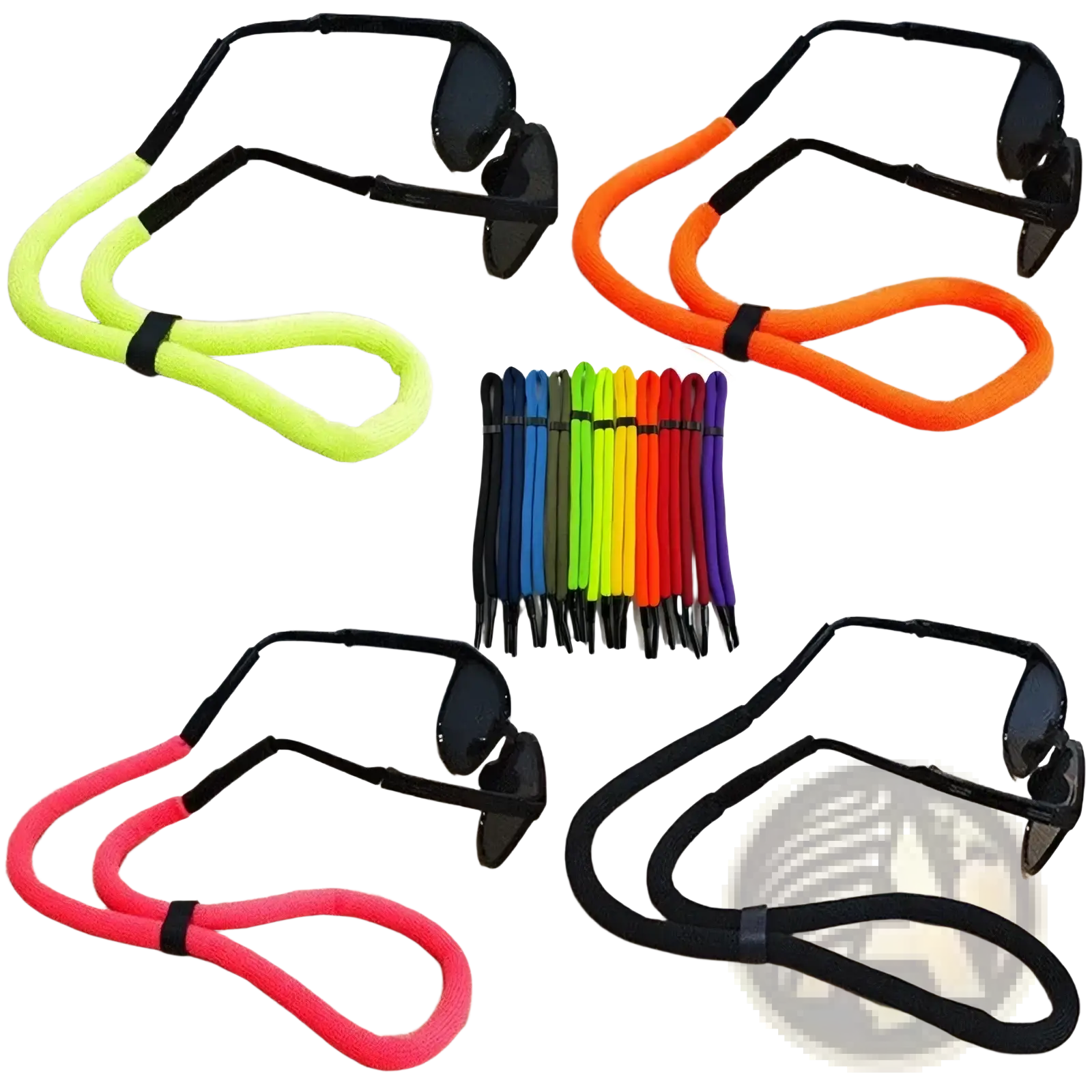 Floating eyeglass strap water sports lanyard with neon-colored soft fabric, black elastic ends, and adjustable loops