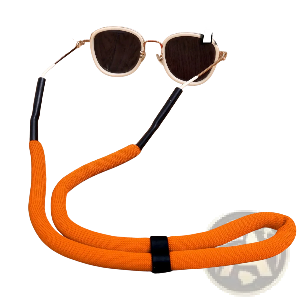 Orange textured fabric floating eyeglass strap with black plastic ends and central clasp for water sports use