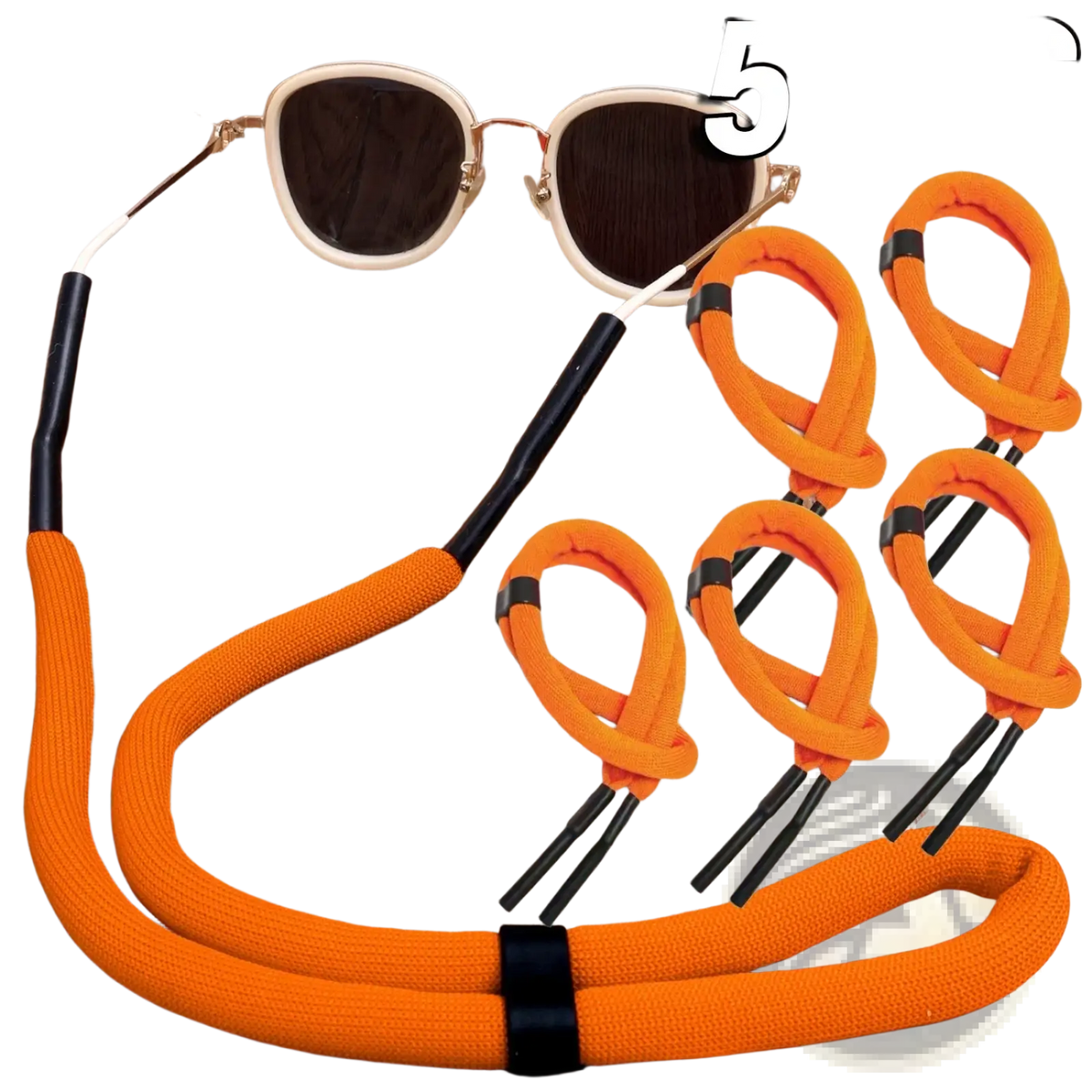 Bright orange textured floating eyeglass strap with black plastic ends and central black elastic band for water sports