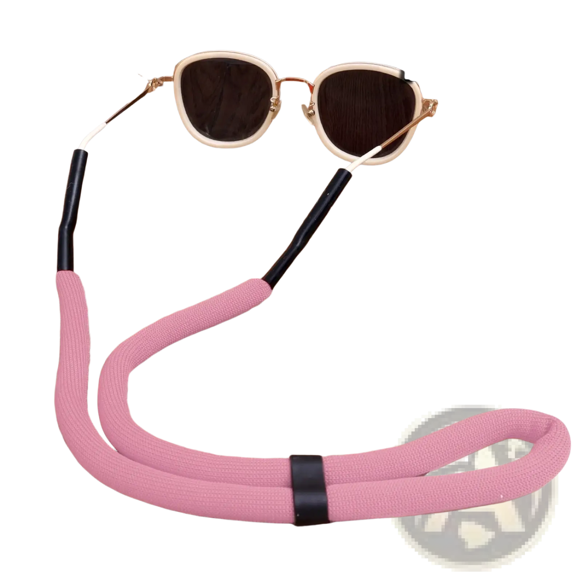 Floating eyeglass strap water sports lanyard in pink textured fabric with black plastic ends and central black elastic band