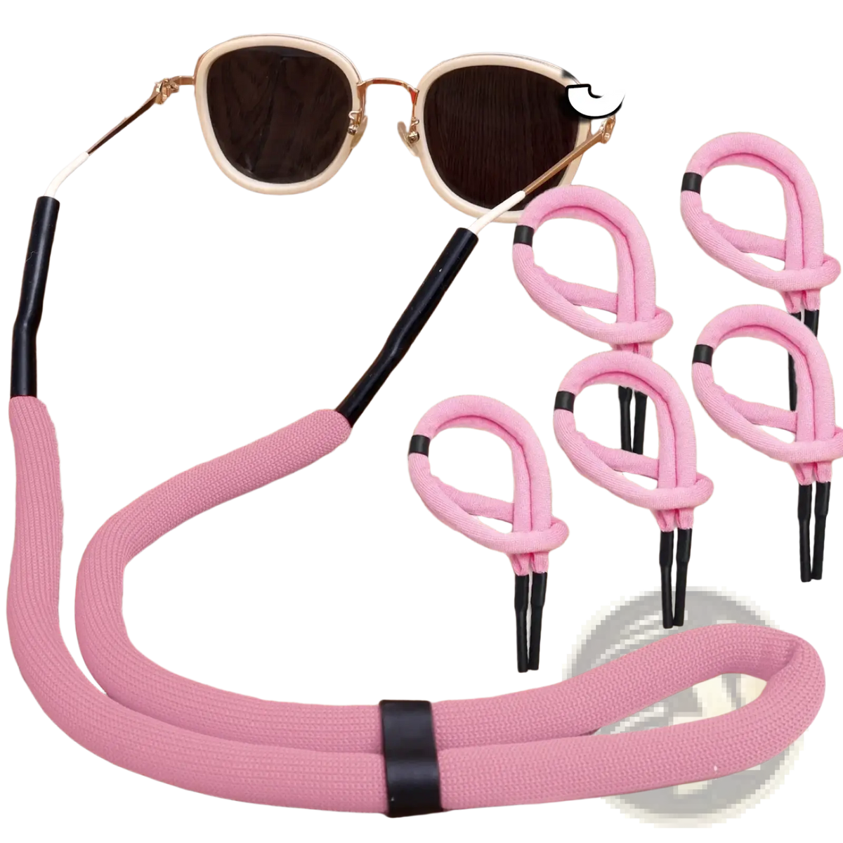 Floating eyeglass strap water sports lanyard in pink woven fabric with black plastic ends and central black elastic band