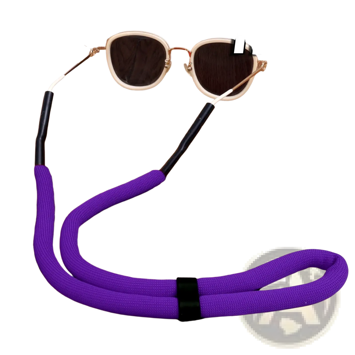 Floating eyeglass strap made of purple woven fabric with black plastic ends and a central black elastic band for water sports