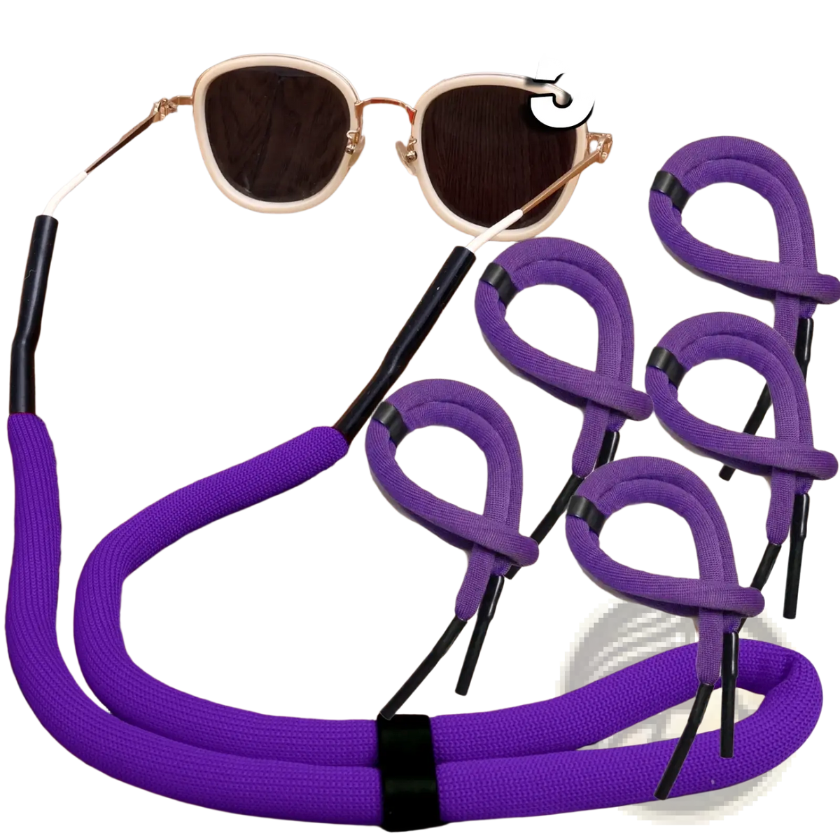 Purple braided fabric floating eyeglass strap with black plastic ends and central elastic band for water sports use
