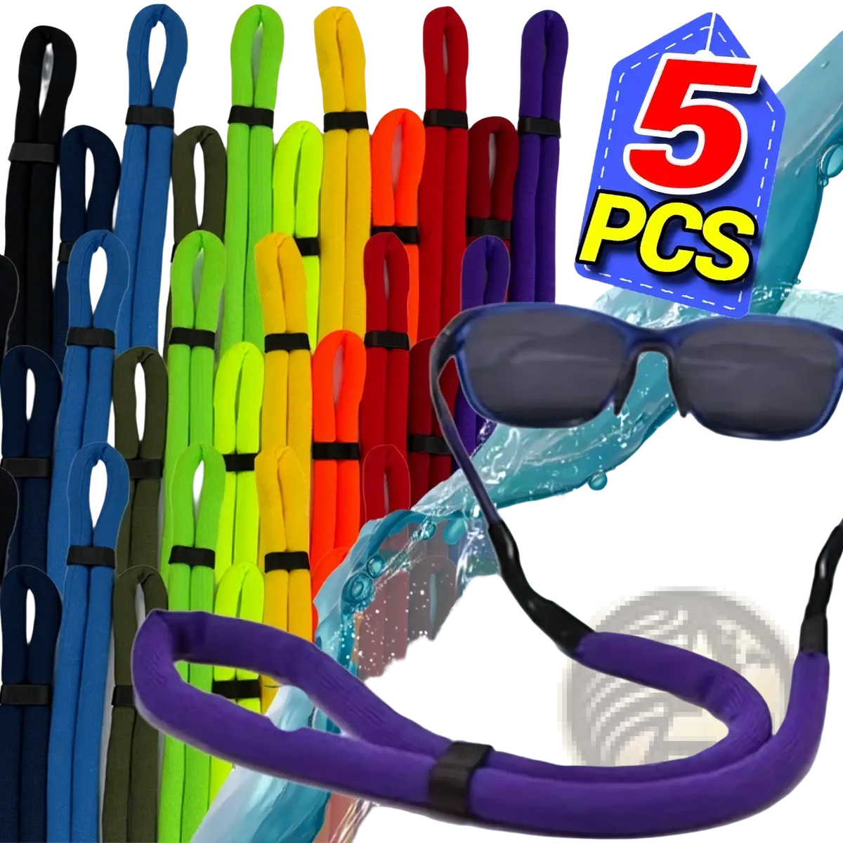Purple neoprene floating eyeglass strap with black elastic bands designed for water sports lanyard use