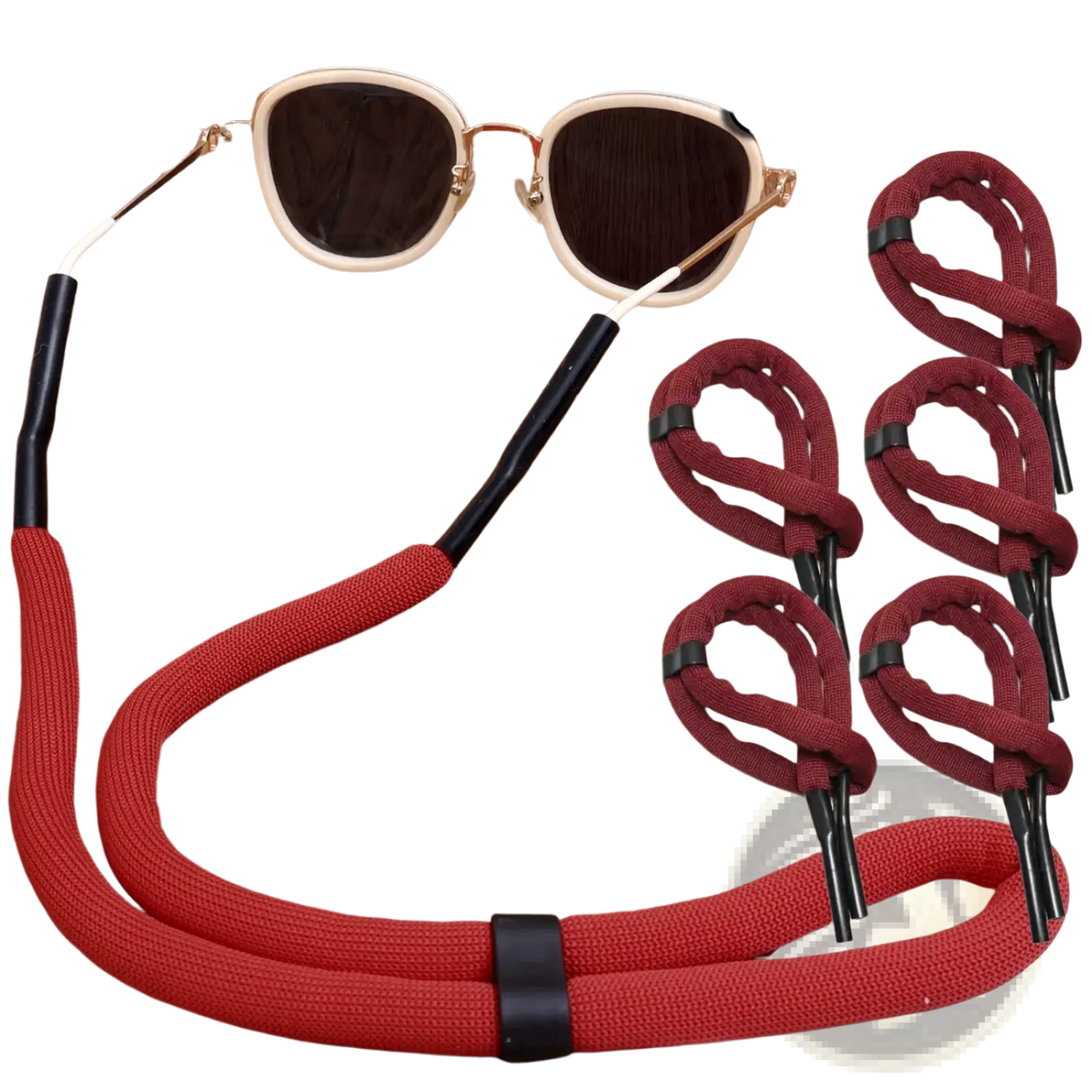 Red woven fabric floating eyeglass strap with black plastic ends and clips designed for water sports use