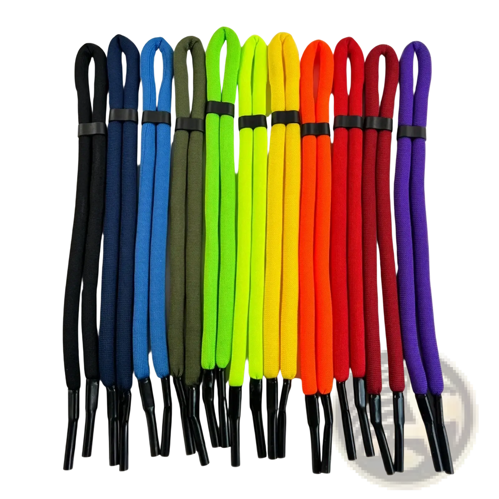 A set of colorful woven floating eyeglass strap water sports lanyards with black plastic ends and adjustable black elastic bands