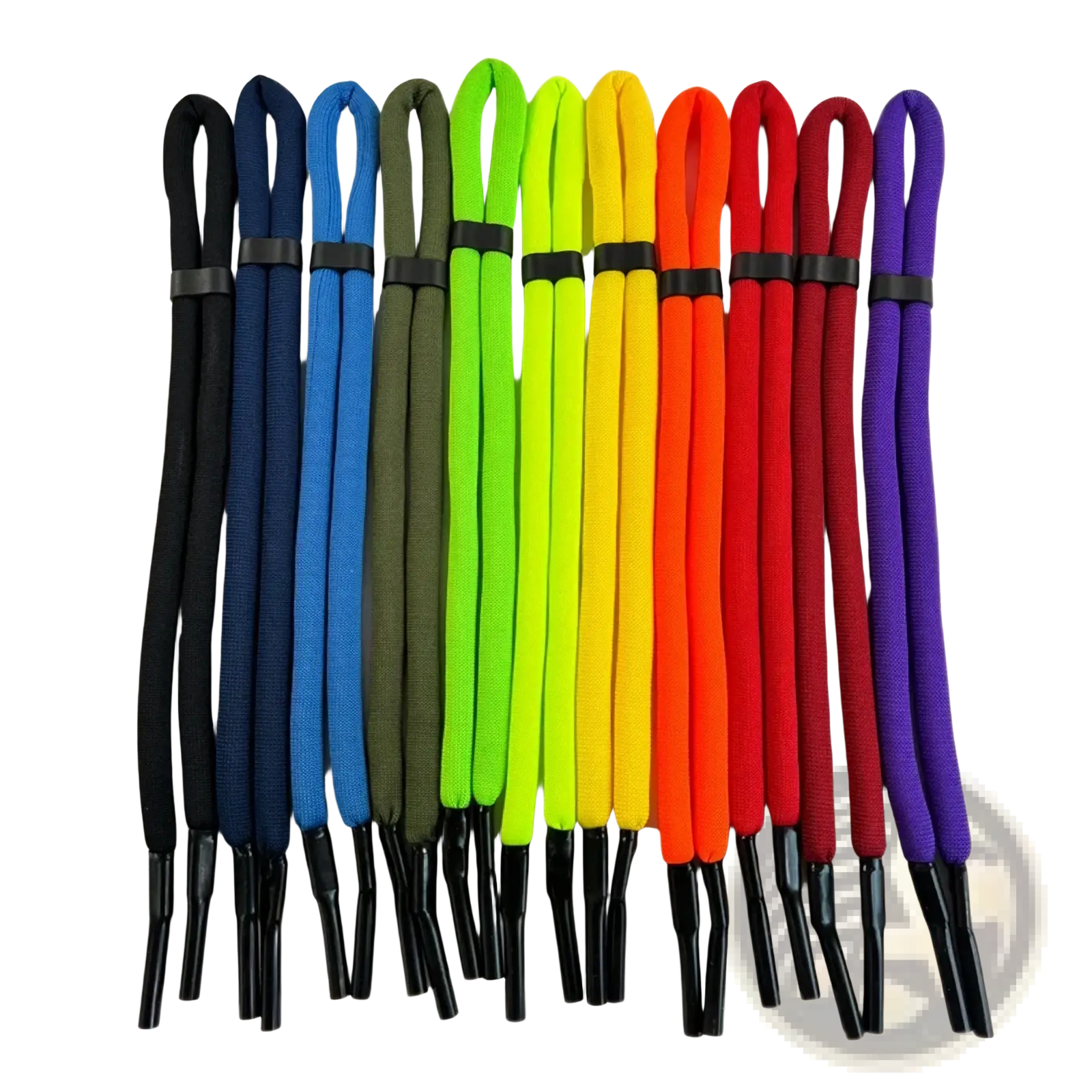 A set of colorful woven floating eyeglass strap water sports lanyards with black plastic ends and adjustable black elastic bands