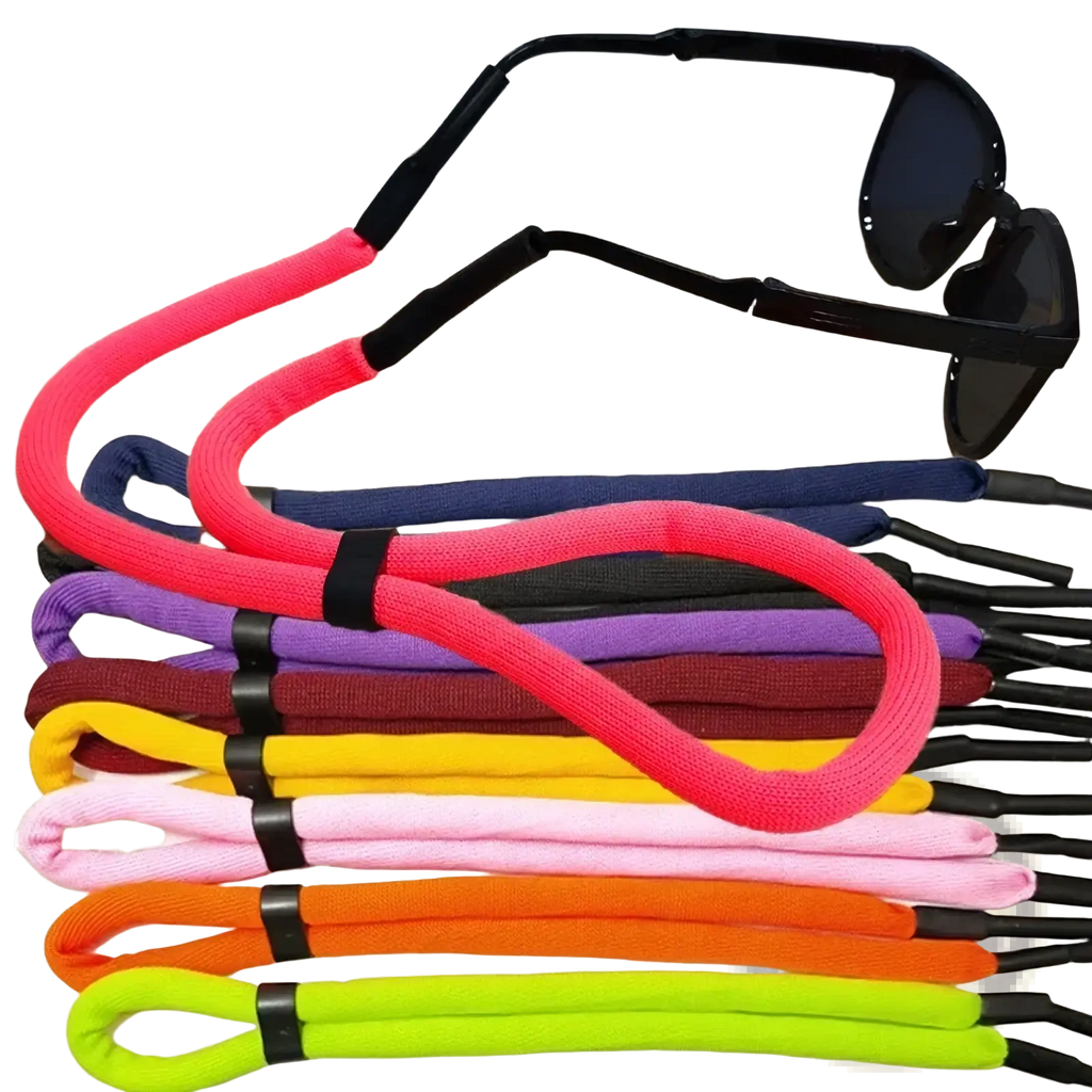 A set of five colorful knitted floating eyeglass strap water sports lanyards with black plastic ends for secure attachment