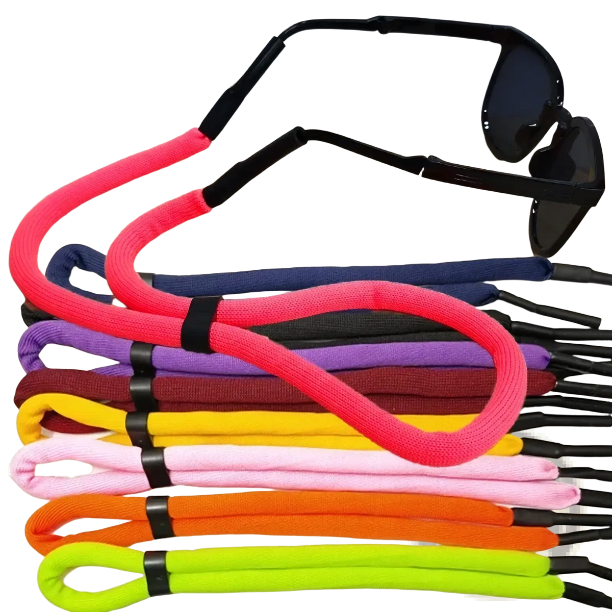 A set of five colorful knitted floating eyeglass strap water sports lanyards with black plastic ends for secure attachment