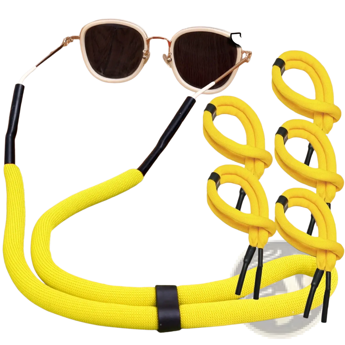 Floating eyeglass strap water sports lanyard made of bright yellow knitted fabric with black plastic ends and elastic band