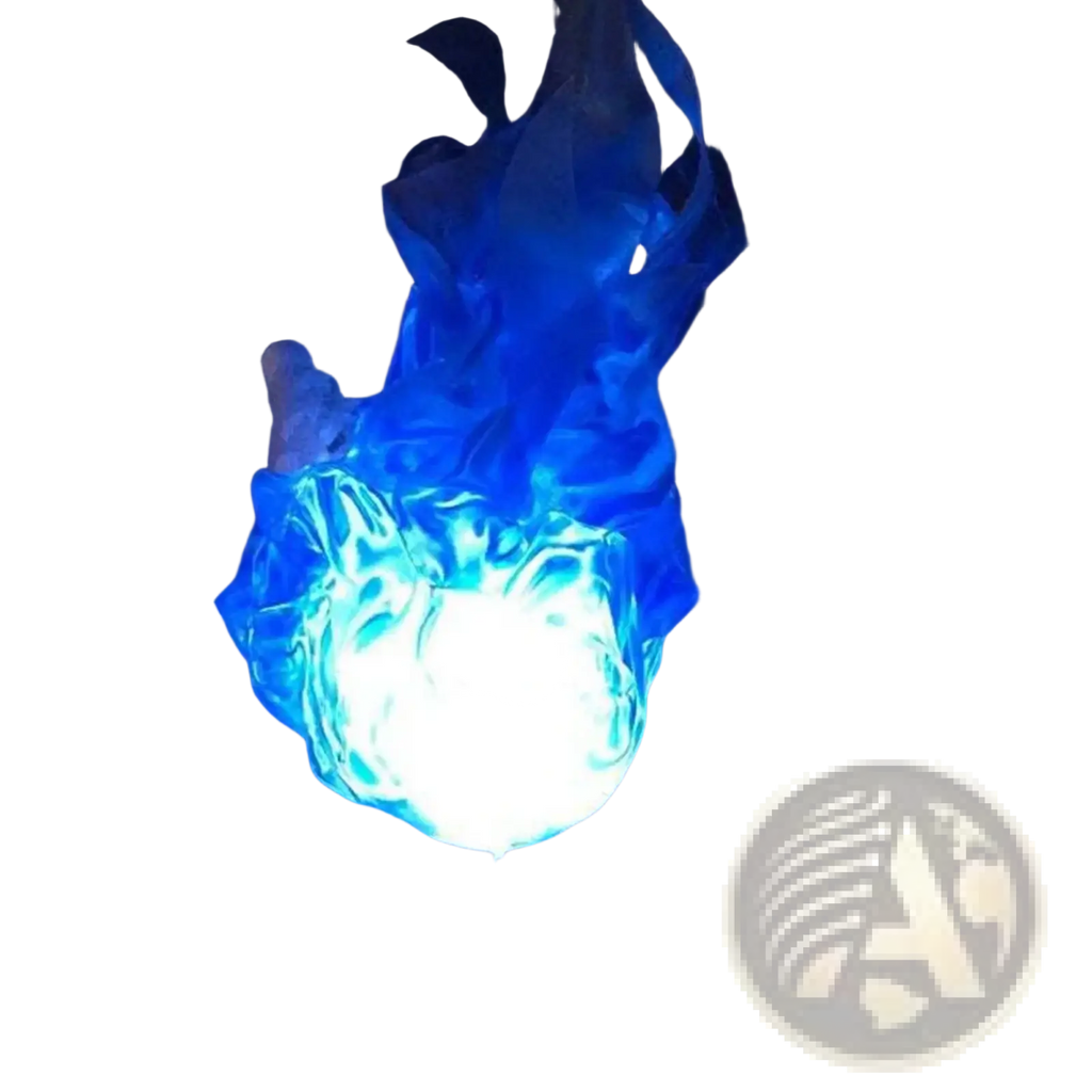 Floating fireball led halloween prop with a glowing blue flame-shaped lamp and translucent flowing design on illuminated base