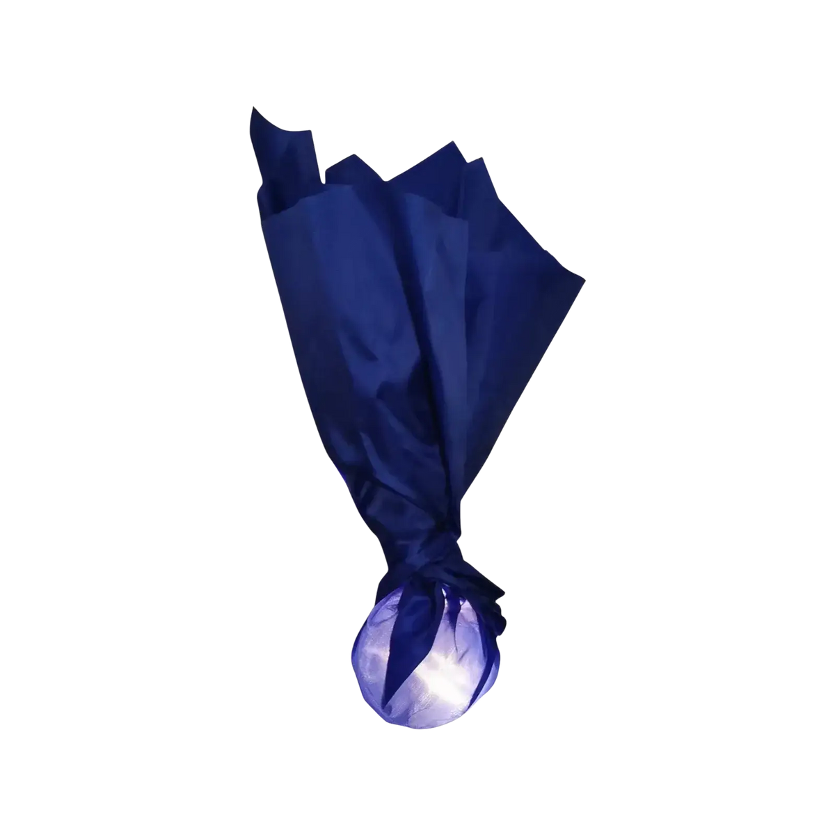A glossy deep blue foil-wrapped floating fireball led halloween prop candy with a shiny spherical center