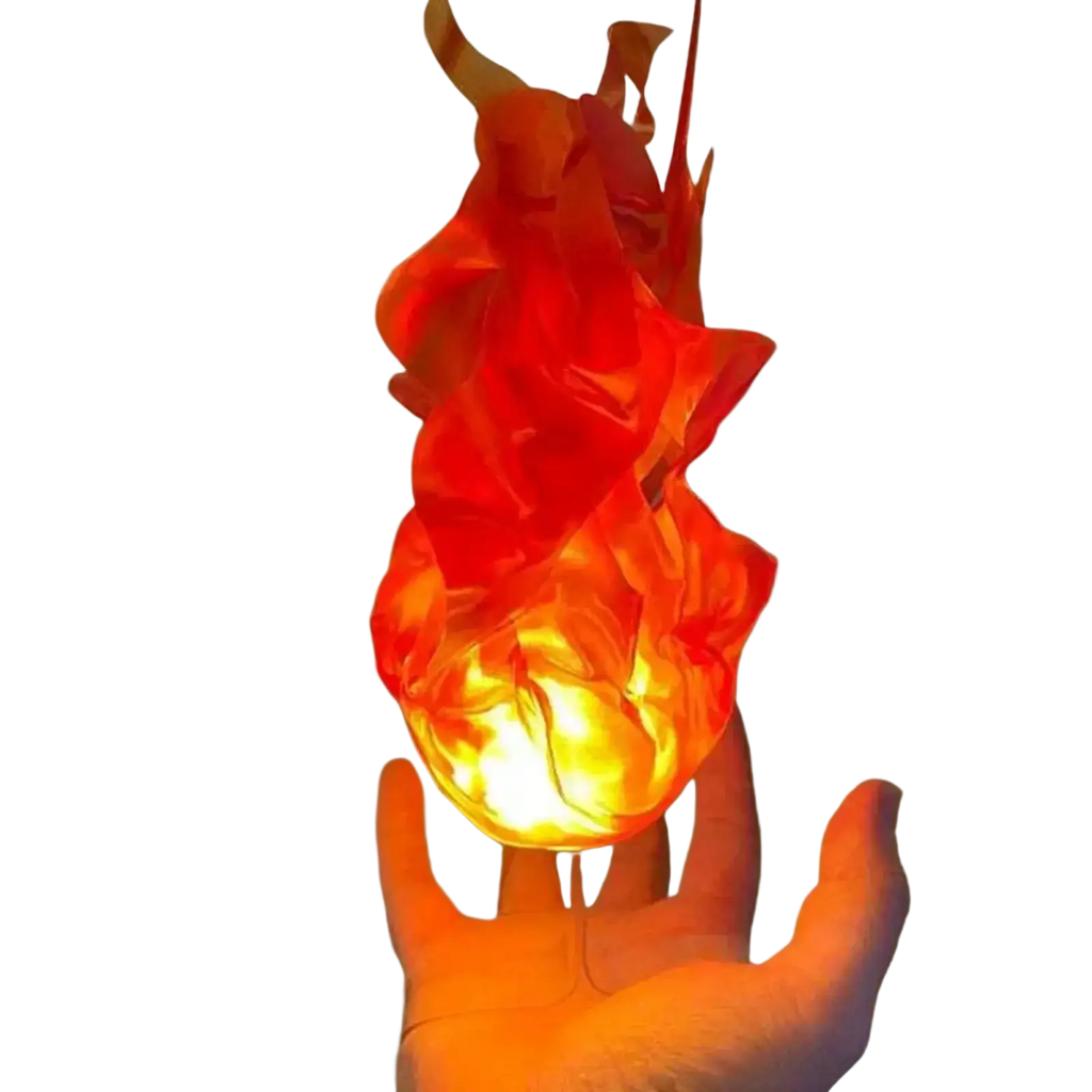 A glowing orange and red translucent floating fireball led halloween prop held in hand resembling realistic fire