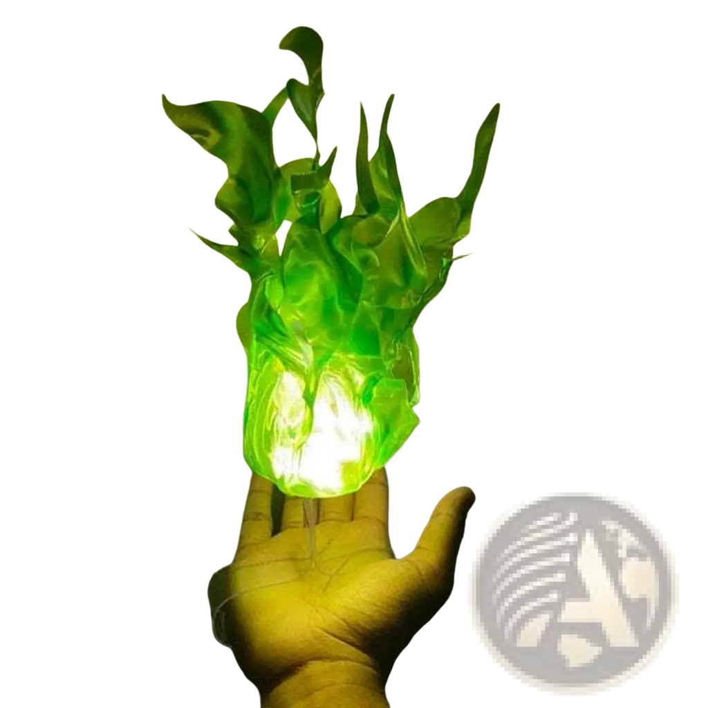 Floating fireball led halloween prop featuring a translucent green flame-shaped lamp with a glowing base and leafy top