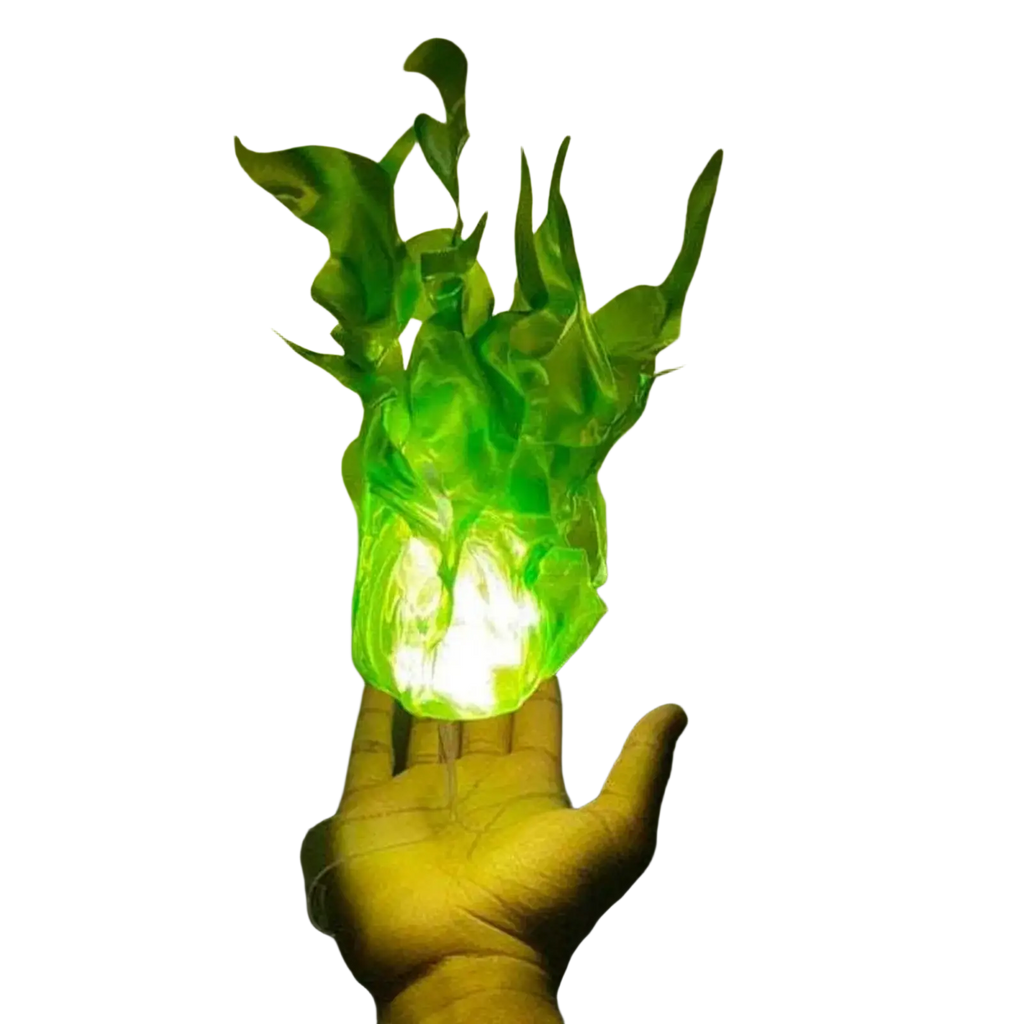 Floating fireball led halloween prop featuring a translucent green flame-shaped lamp with a glowing base and leafy top