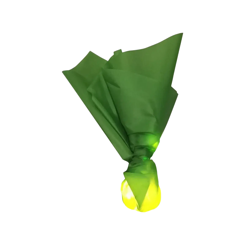A vibrant green glossy paper-wrapped candy with a bright yellow faceted base in a floating fireball led halloween prop
