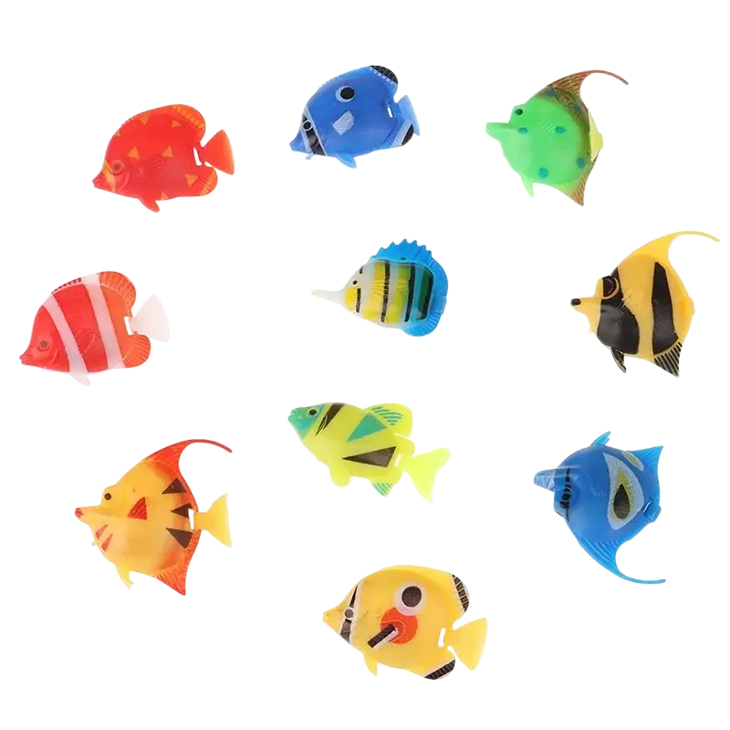 A 10 pack of colorful plastic floating fish aquarium fish decor with vibrant patterns for moving floating fish displays