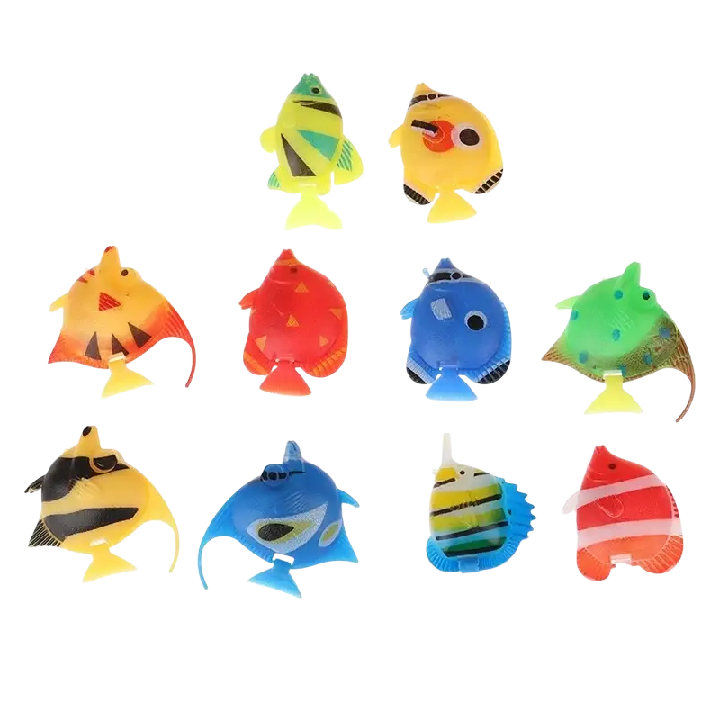 A set of colorful plastic floating fish aquarium fish figurines with vibrant patterns for aquarium decors 10 pack